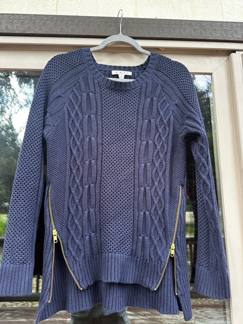 CAbi Navy Cable Knit Crewneck Sweater with Gold Zippers